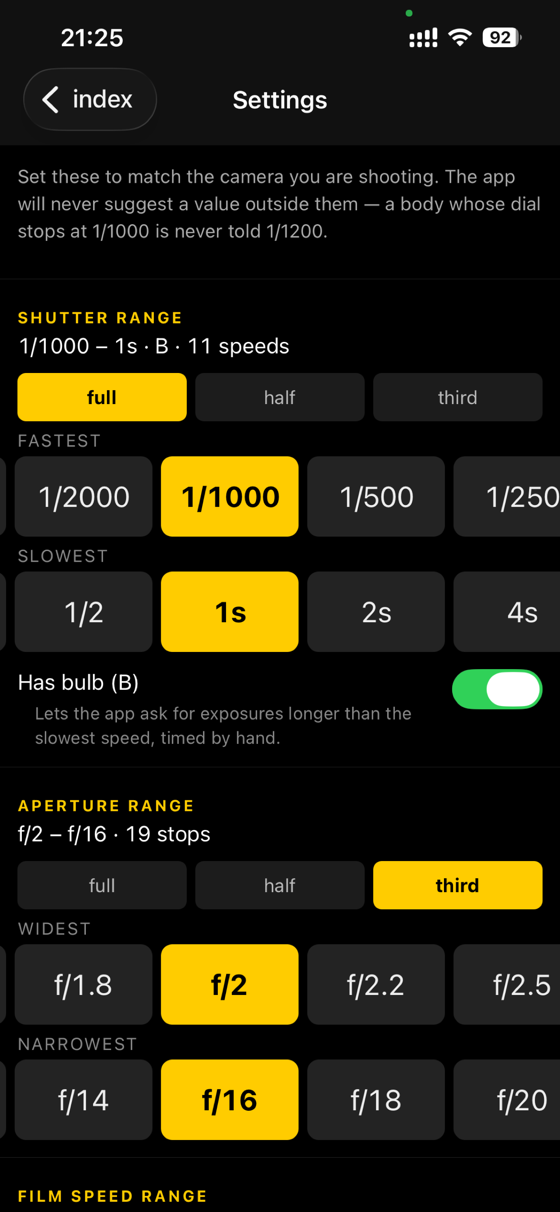 The settings screen, showing shutter range 1/1000 to 1s with bulb enabled, and aperture range f/2 to f/16 in third stops.