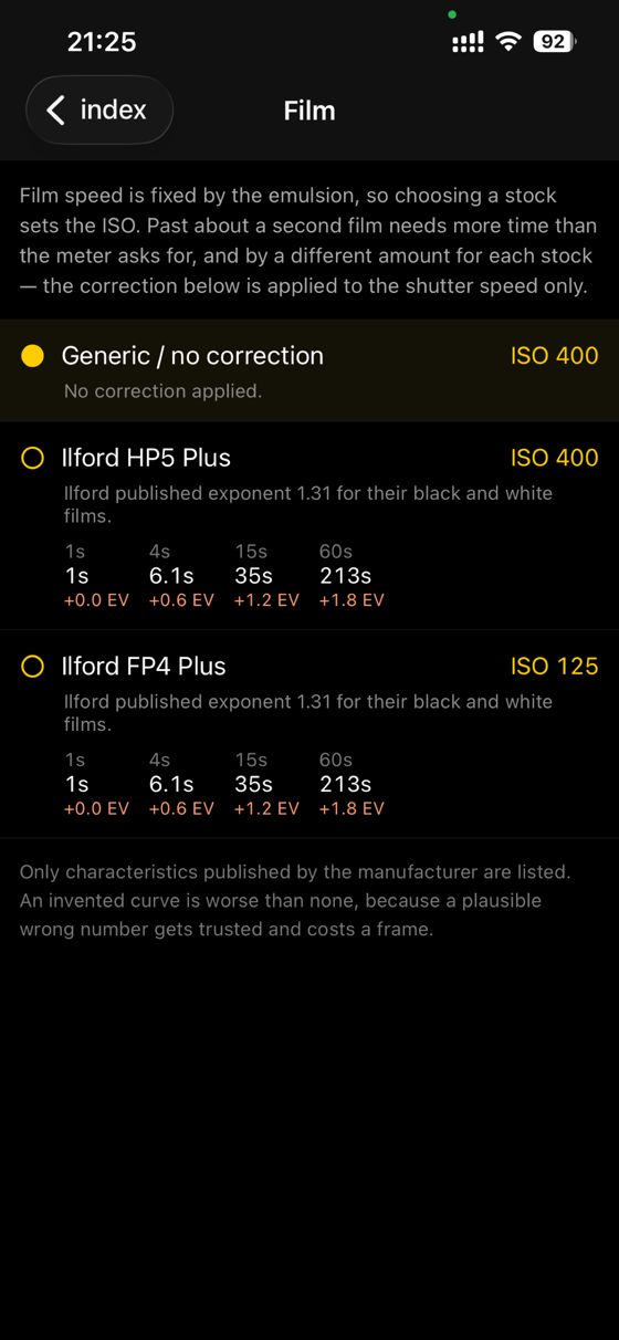 The film screen, listing stocks with their ISO and the reciprocity correction applied at 1, 4, 15 and 60 seconds.